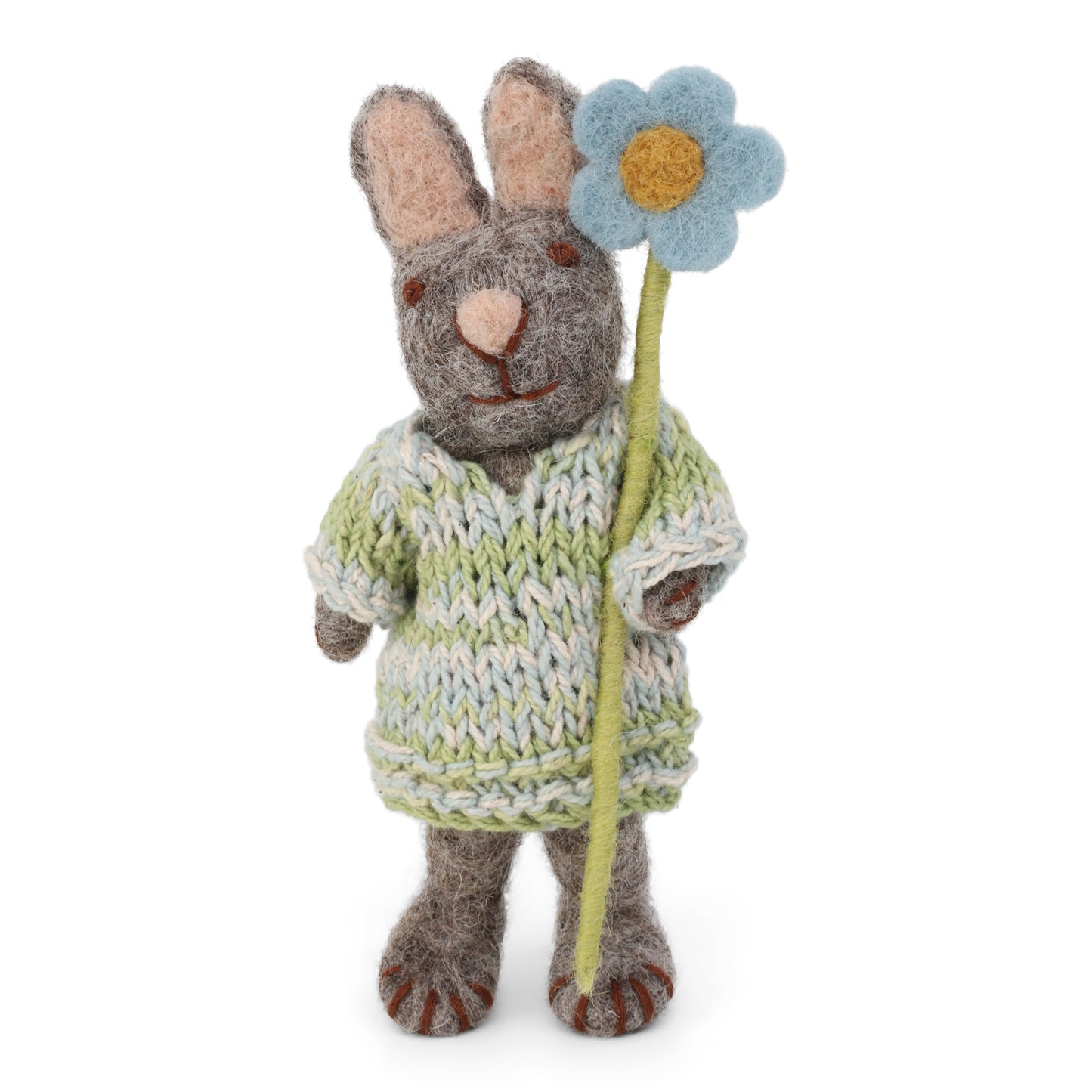 Gry & Sif Felt Small Grey Bunny w/Dress & Blue Anemone