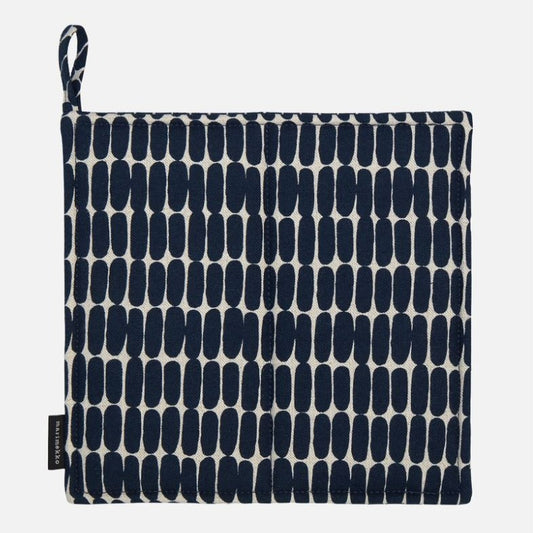 The Alku pattern potholder is made from an unbleached cotton and linen blend, which is printed in Helsinki. It has a padded filling and a hanging loop. Marimekko Alku Kettle pot holder