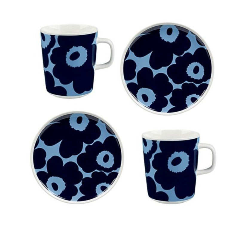 This Unikko breakfast set includes two Oiva mugs (2 x 2,5dl) and two Oiva plates (2 x 20cm . The dishes are made of white stoneware, which is dishwasher, oven, microwave, and freezer proof. The set is packed in a Marimekko Logo gift box.  Marimekko’s famous poppy pattern Unikko was born in 1964 in a time when the design house’s collections featured mostly abstract prints. Designer Maija Isola wanted to create something interesting from this organic theme and designed an entire range of floral prints.